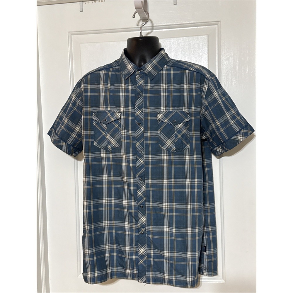 Kuhl‎ Women's Large Plaid Black Pearl Snaps Blue Rope Trim Sleeves /Shoulders